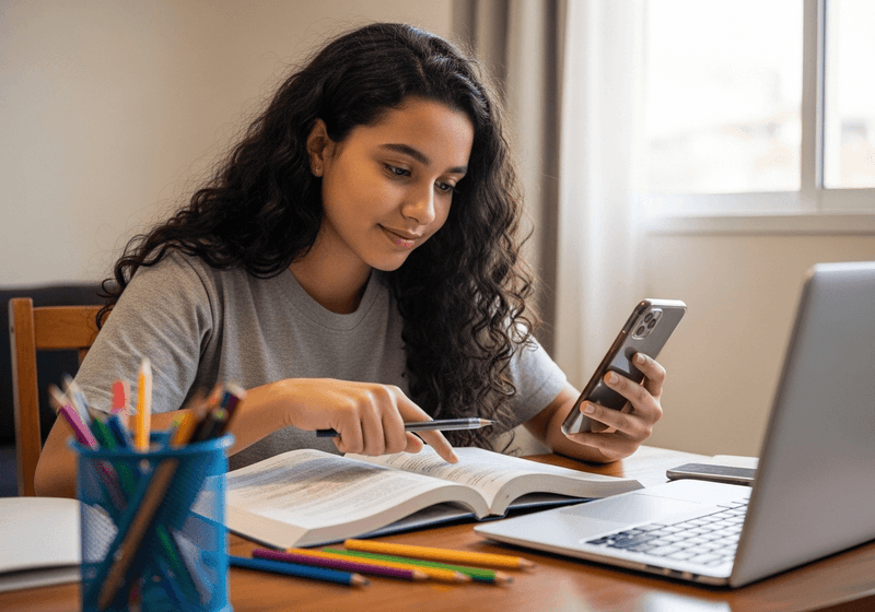 Estudante usando celular para aprender